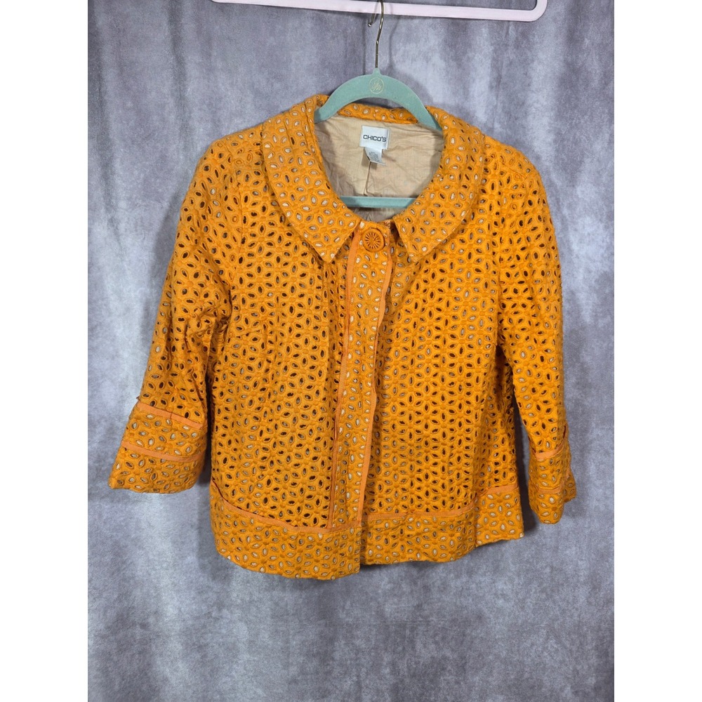 Chicos Orange Eyelet Linen Blend Jacket Marigold Snap Front Size 2